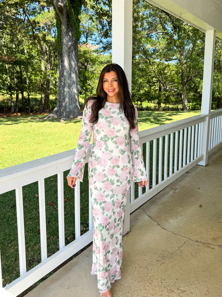 Floral Long Sleeve Maxi Dress-Multi Ivory