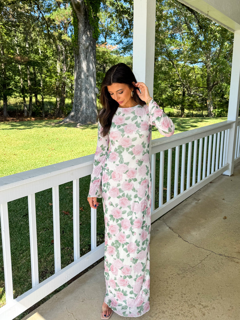 Floral Long Sleeve Maxi Dress-Multi Ivory