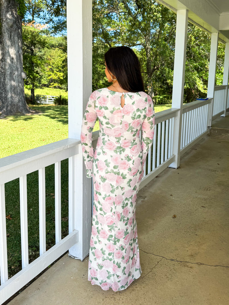 Floral Long Sleeve Maxi Dress-Multi Ivory