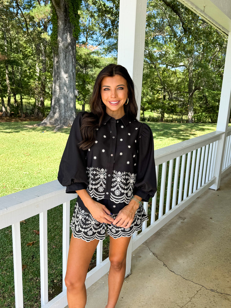 Puff Sleeve Embroidered Short Set-Black