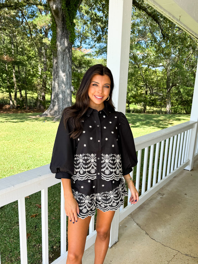 Puff Sleeve Embroidered Short Set-Black