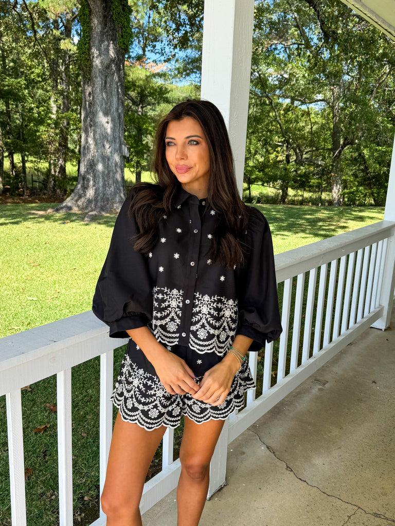 Puff Sleeve Embroidered Short Set-Black