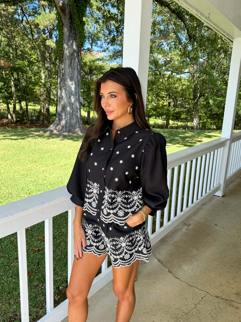 Puff Sleeve Embroidered Short Set-Black