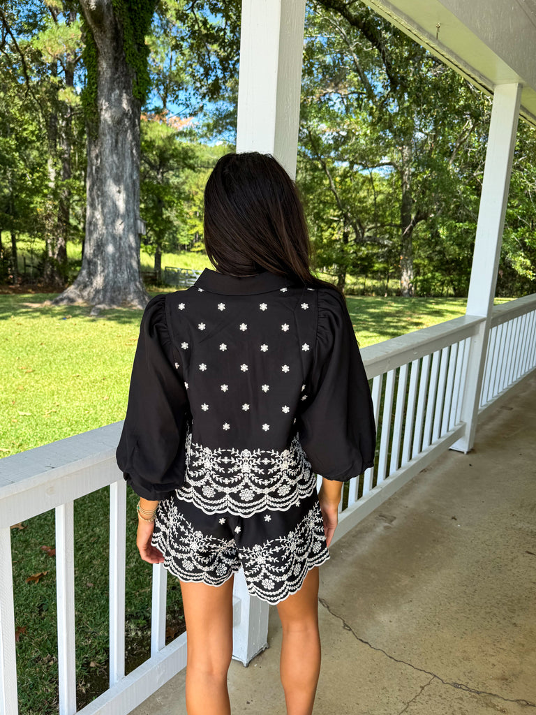 Puff Sleeve Embroidered Short Set-Black