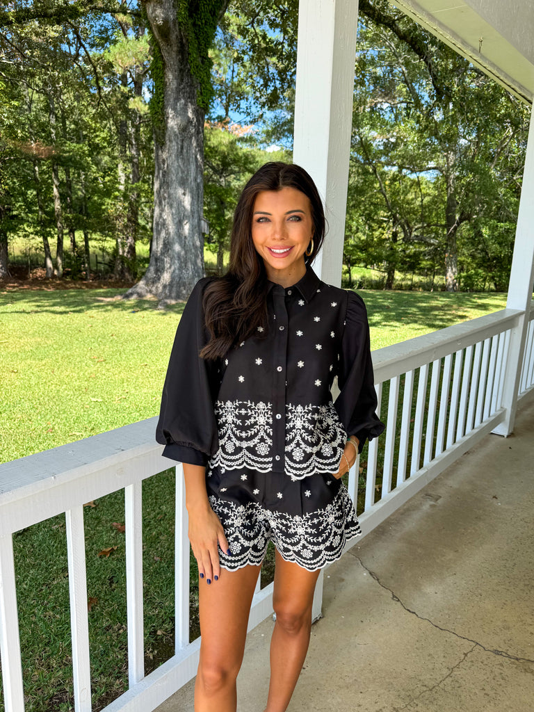 Puff Sleeve Embroidered Short Set-Black