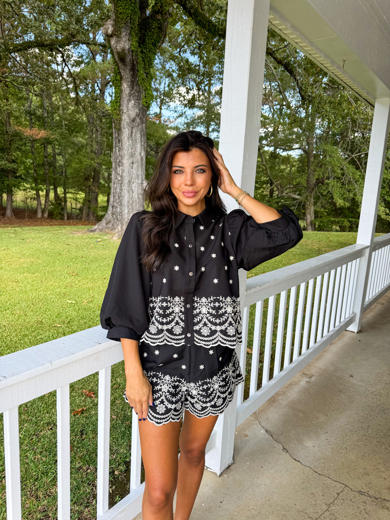 Puff Sleeve Embroidered Short Set-Black