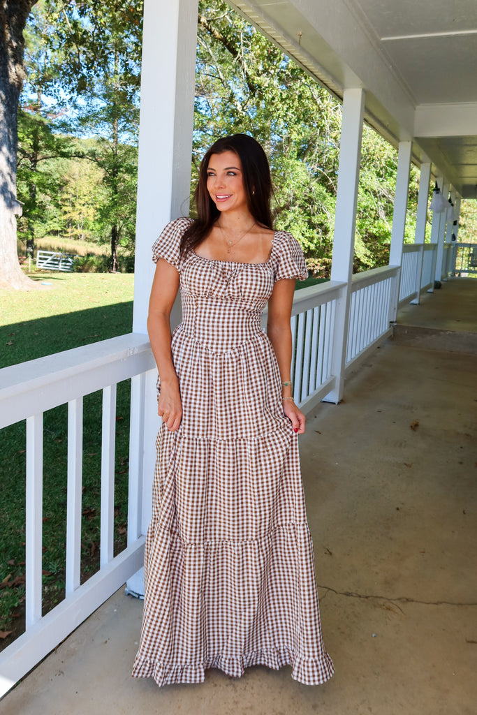 Lauren Gingham Maxi Dress-Brown