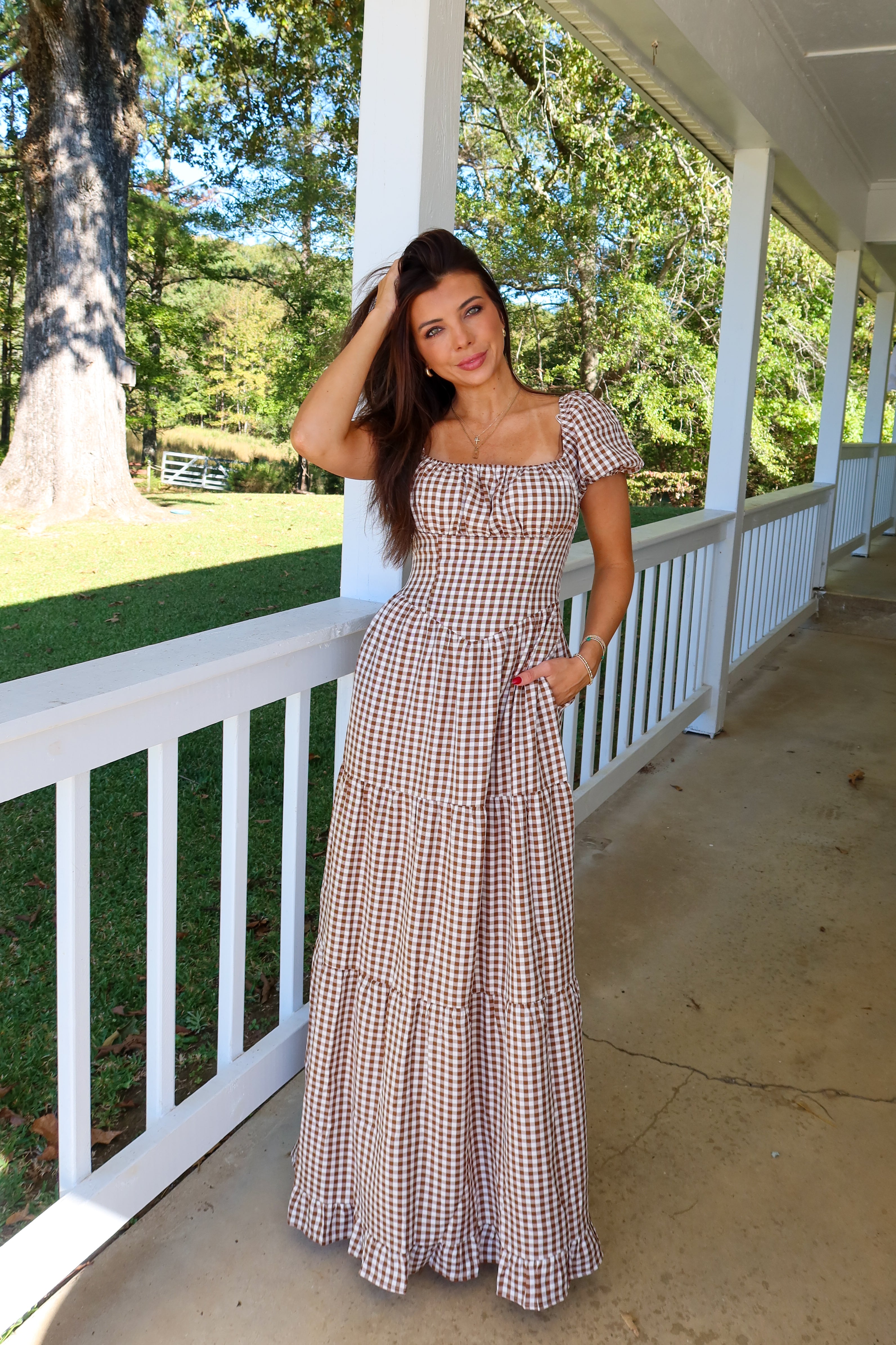 Lauren Gingham Maxi Dress-Brown