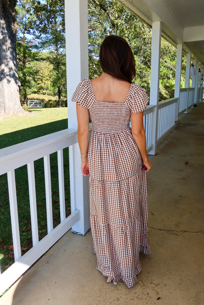 Lauren Gingham Maxi Dress-Brown