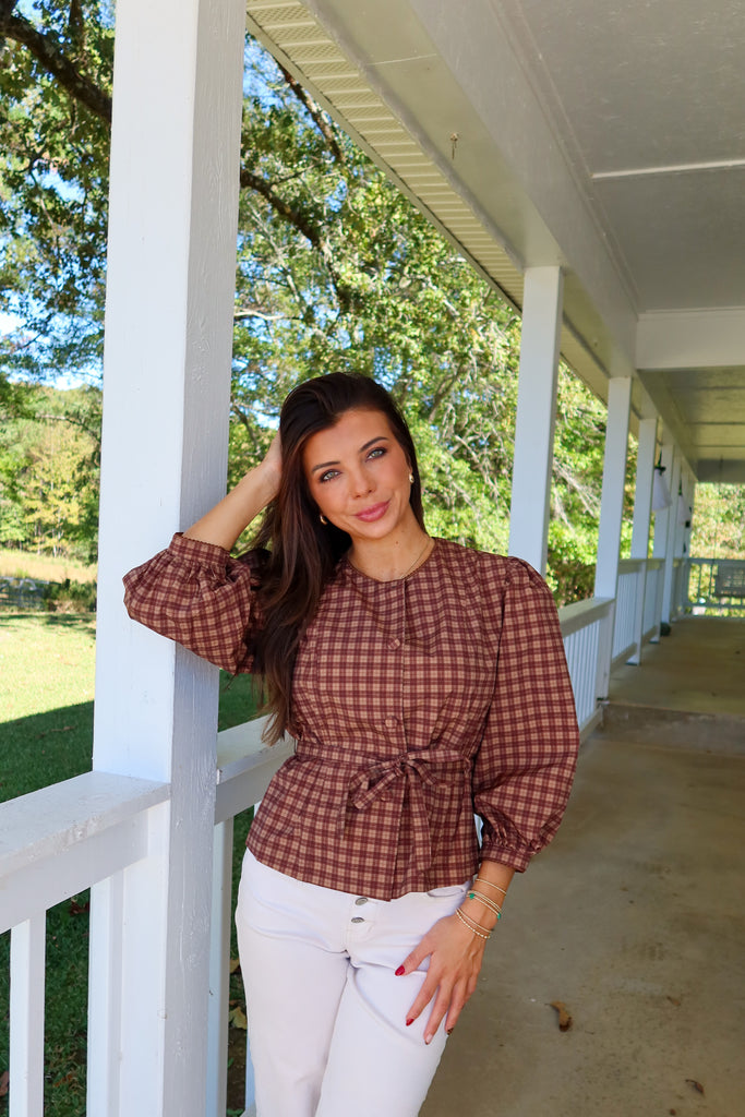 Gingham Tie Top-Brown