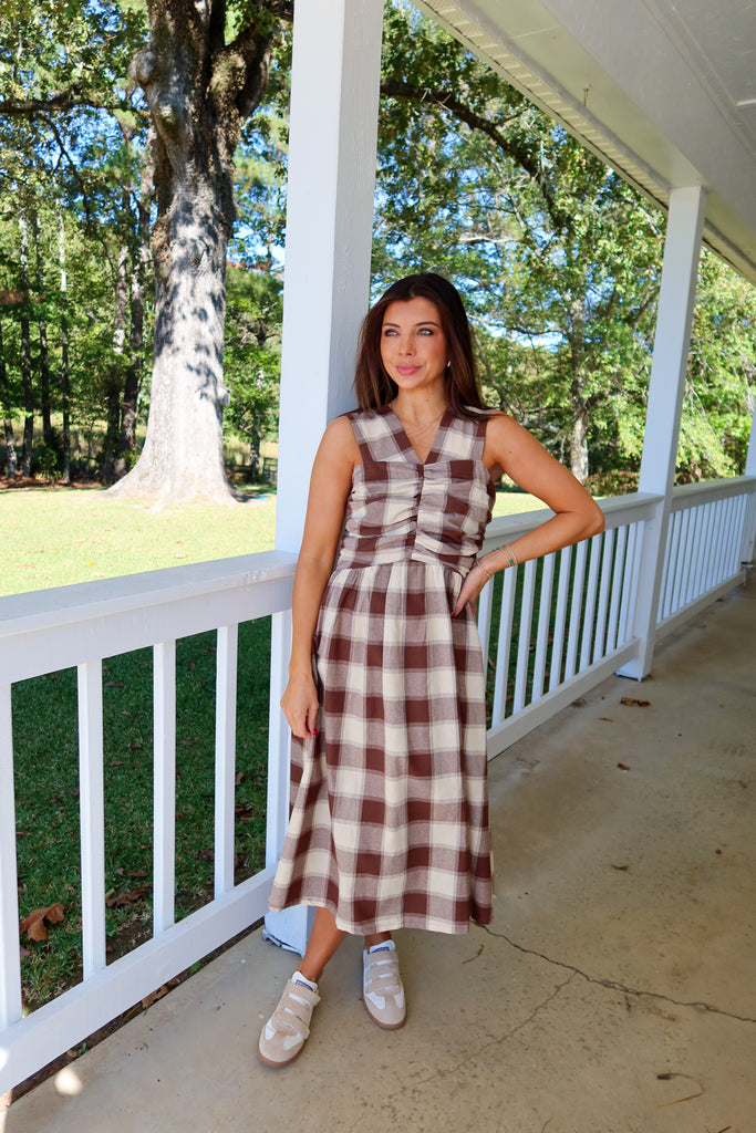 Ruched Gingham Midi Dress-Brown