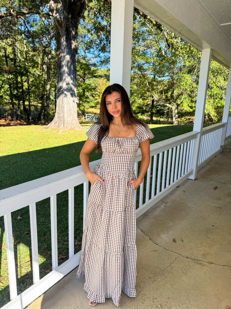 Lauren Gingham Maxi Dress-Brown | Inside Out Boutique Lauren Gingham Maxi Dress-Brown | Inside Out Boutique
