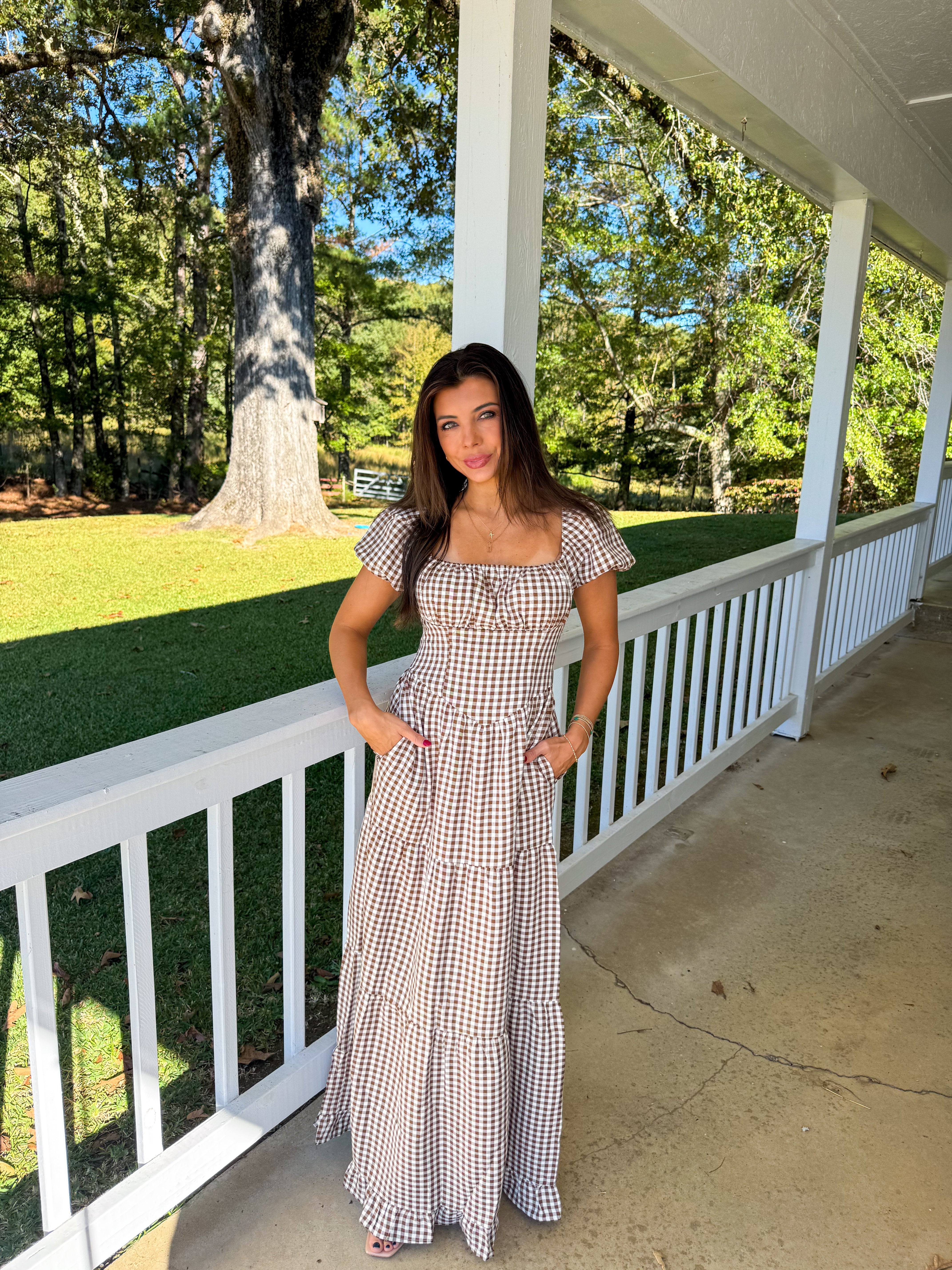 Lauren Gingham Maxi Dress-Brown