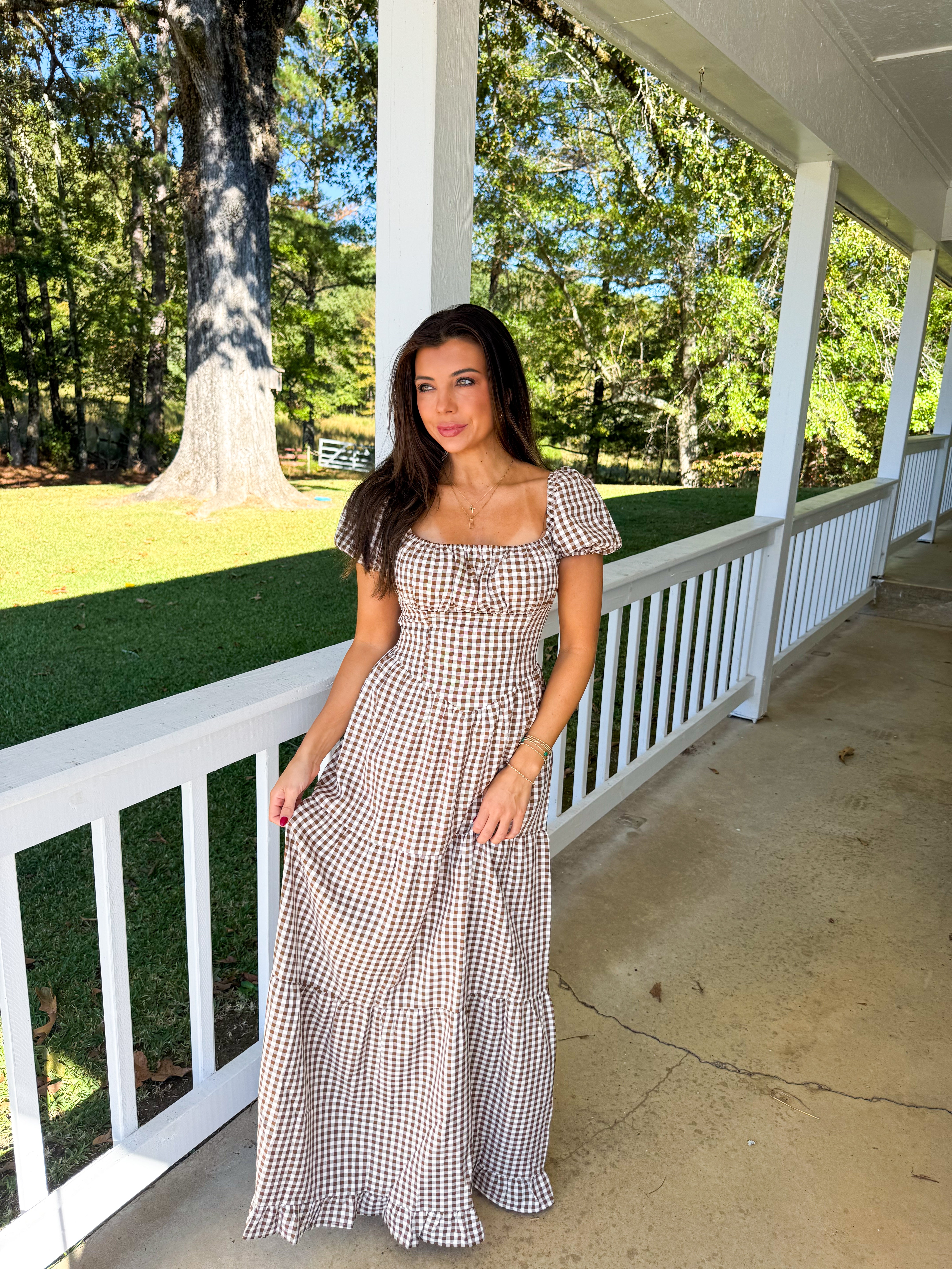 gingham dress long PinkBlush Rust Sleeve Maternity Midi Small 33 CARE Hand Wash Cold THE GINGHAM TIERED SHIRT MAXI