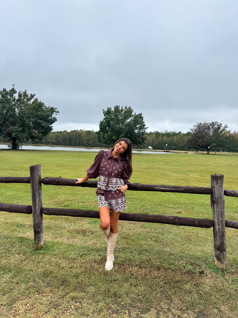 Puff Sleeve Embroidered Shorts Set-Brown