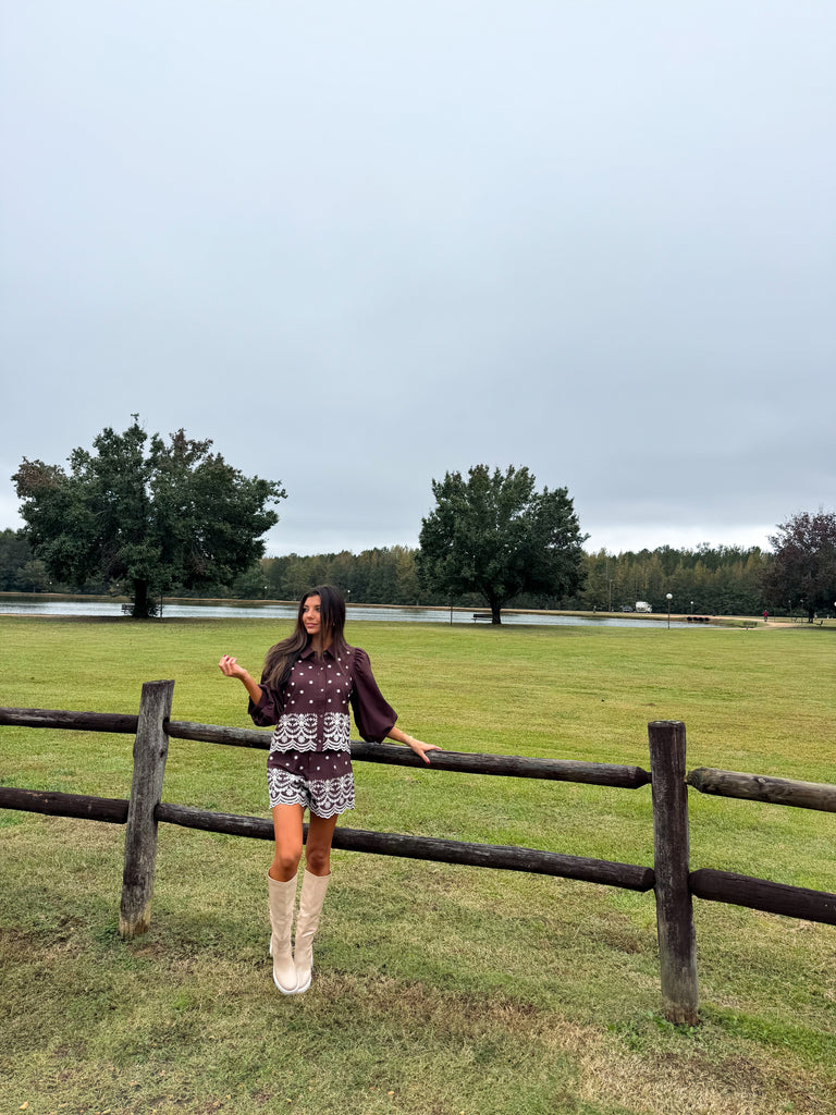 Puff Sleeve Embroidered Shorts Set-Brown