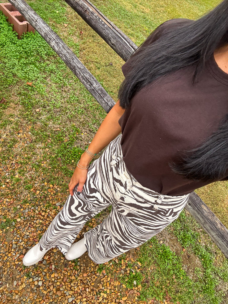 Zebra Print Denim Pants-Brown