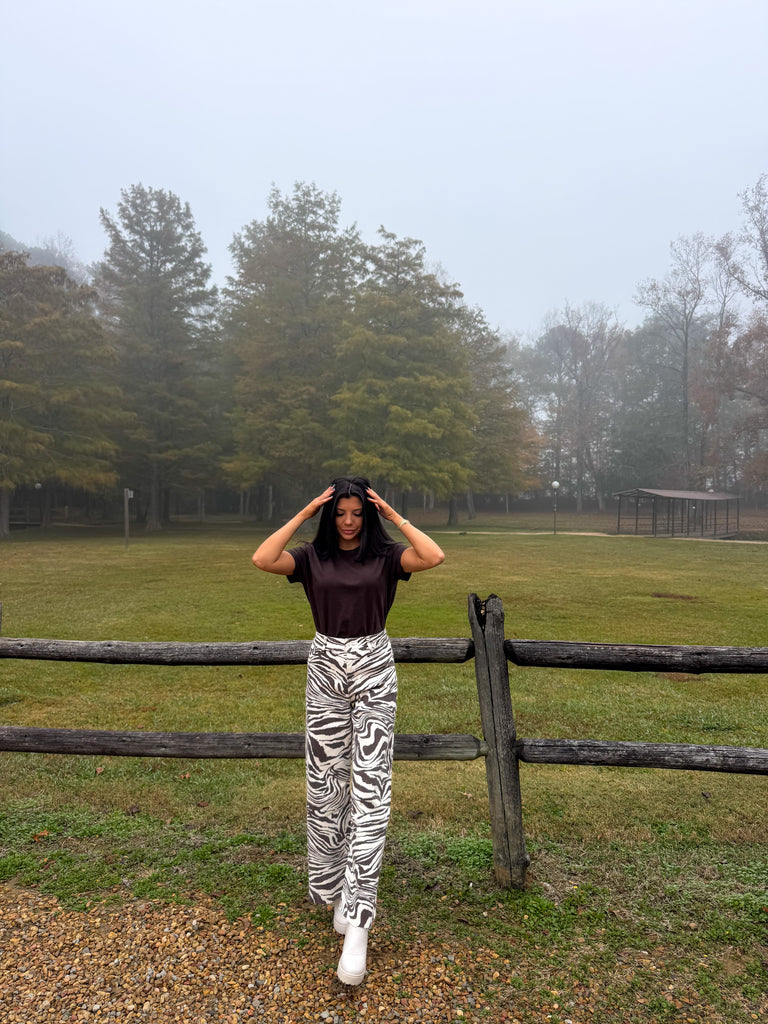 Zebra Print Denim Pants-Brown