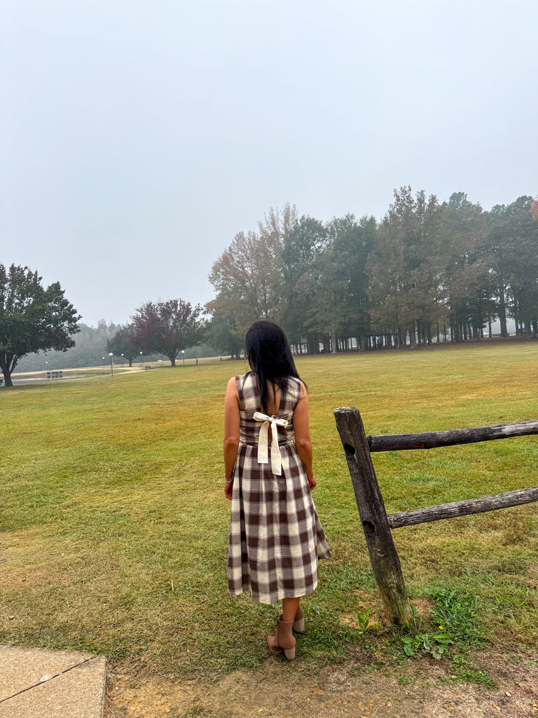 Ruched Gingham Midi Dress-Brown