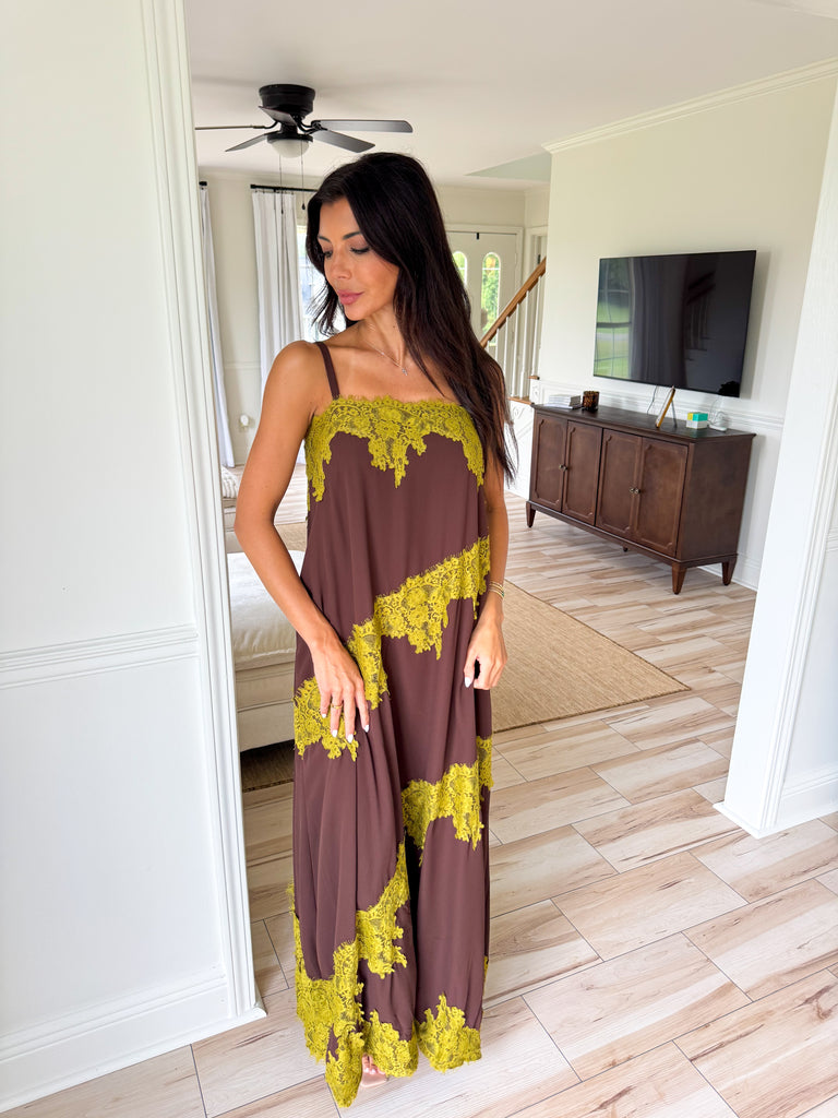 contrast lace flowy dress Trim Maxi Dress-Brown category:Best Sellers