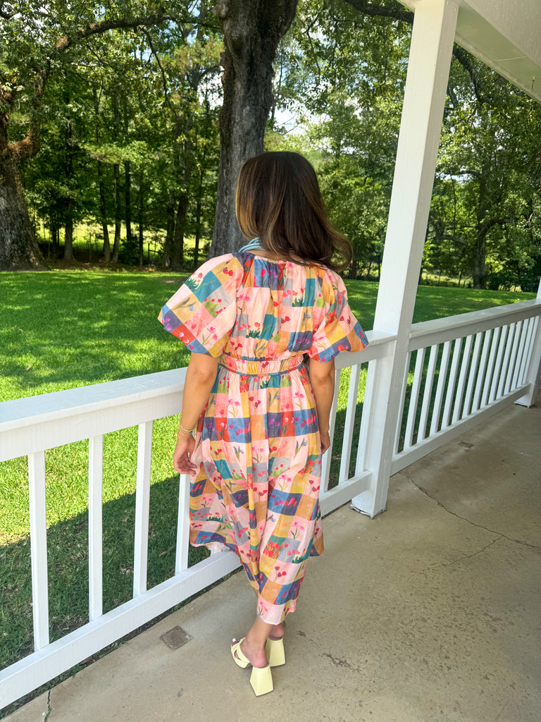 Puff Sleeve Floral Checkered Midi Dress