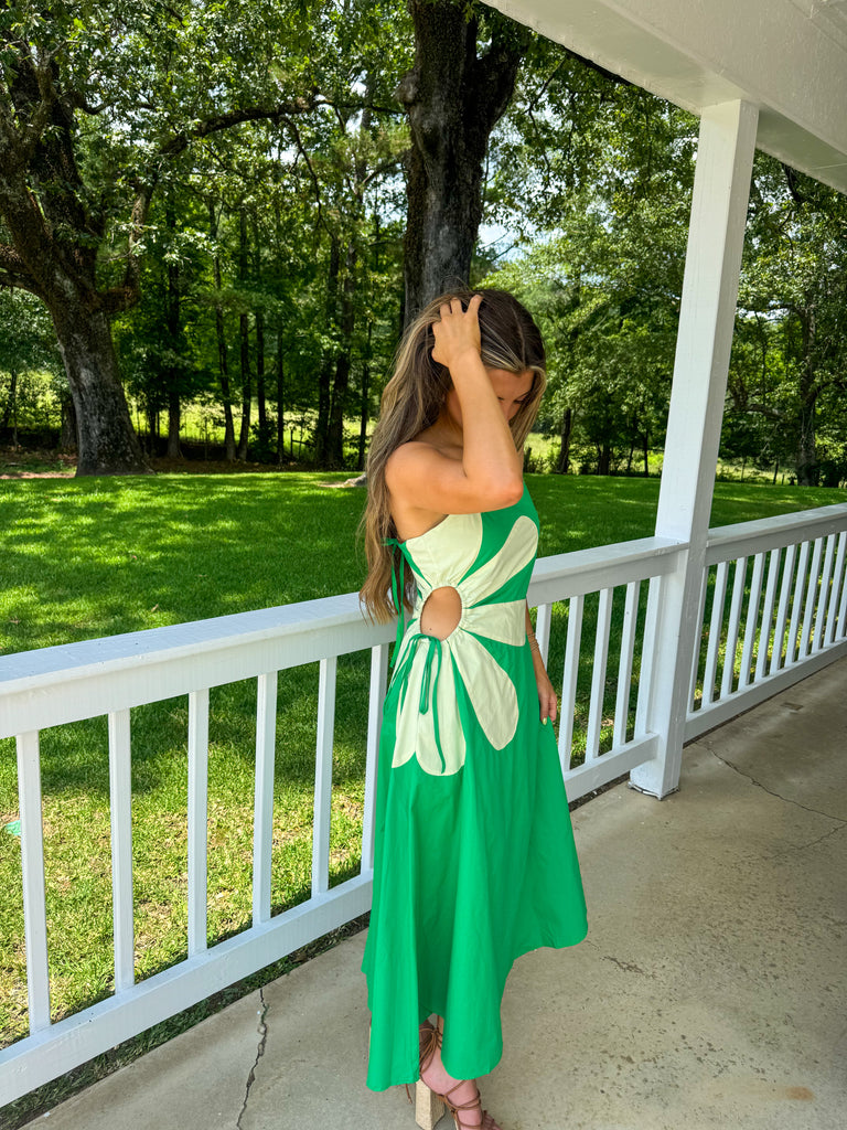Keagan Cut Out Flower Midi Dress-Green