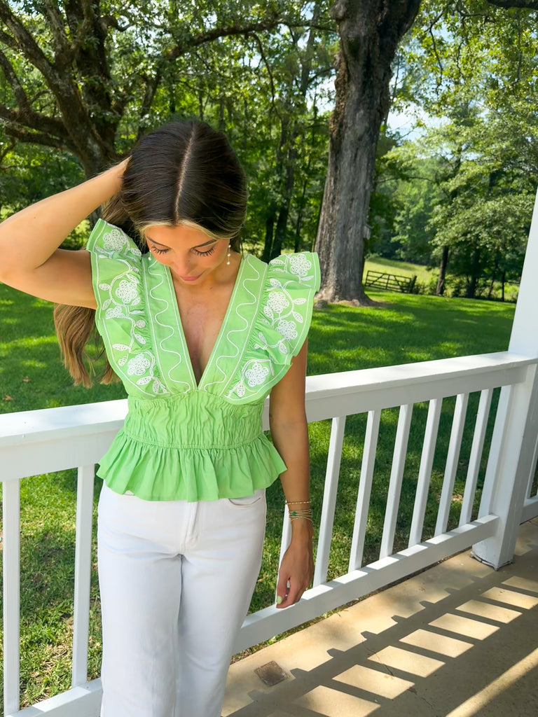 Embroidery Ruffle Linen Top-Green