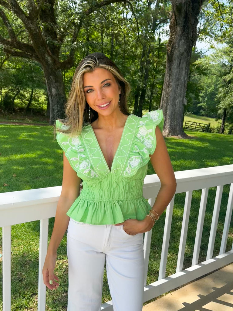 Embroidery Ruffle Linen Top-Green