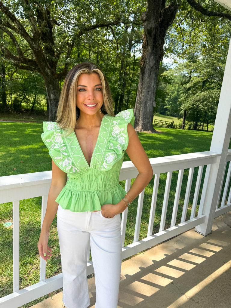 Embroidery Ruffle Linen Top-Green