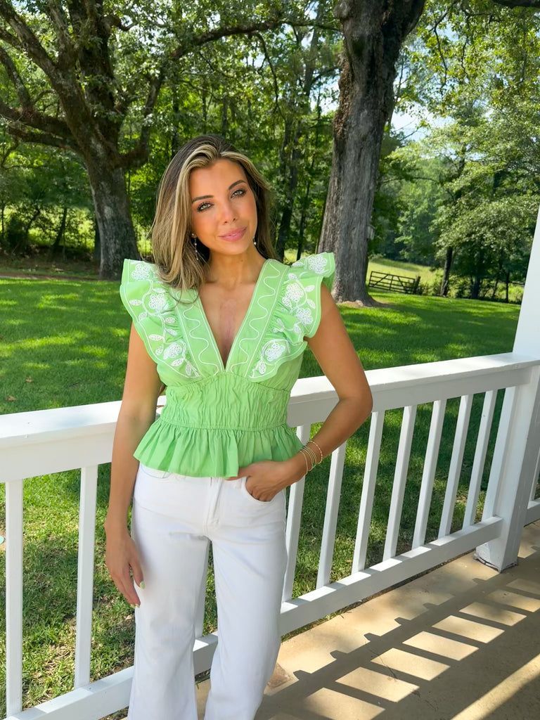 Embroidery Ruffle Linen Top-Green