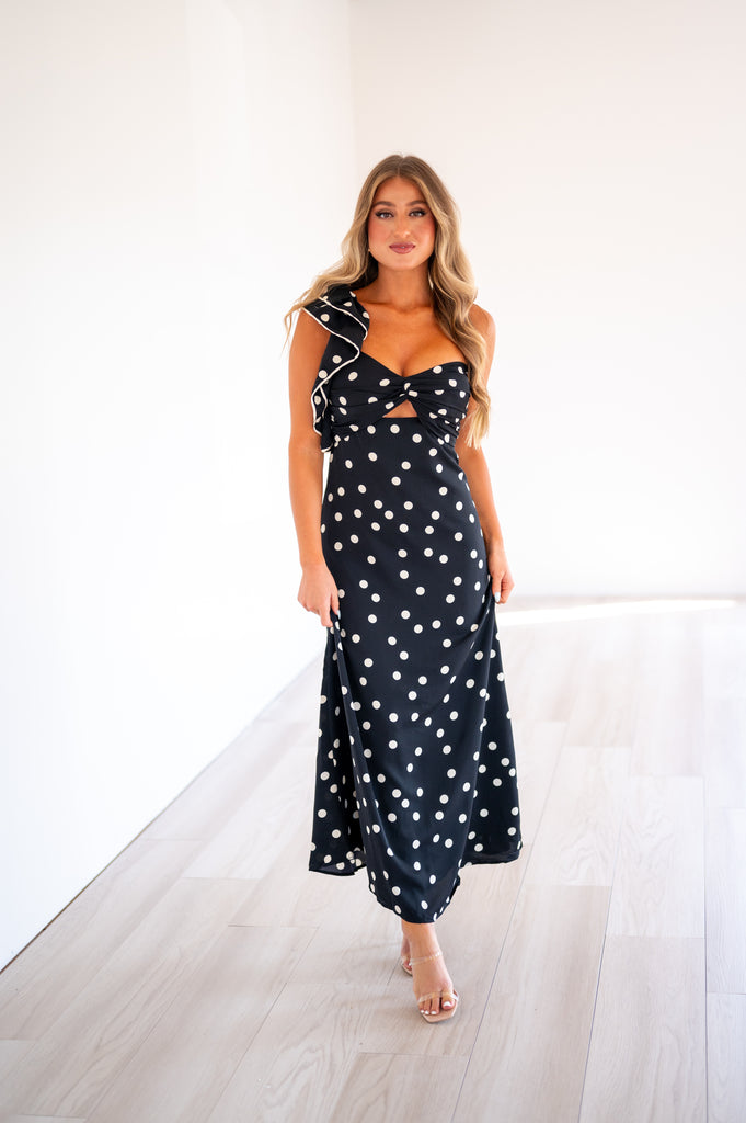 Kate Polka Dot One Shoulder Dress-Black