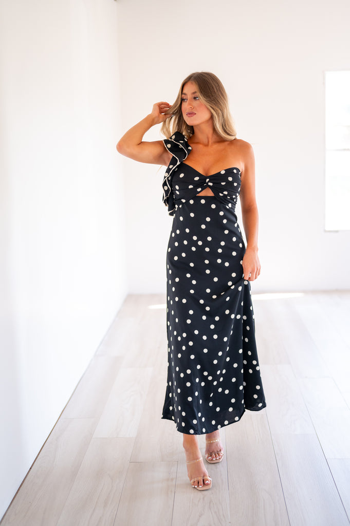 Kate Polka Dot One Shoulder Dress-Black