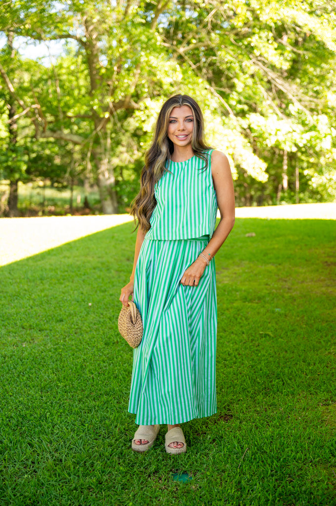 Elle Stripe Skirt Set-Green