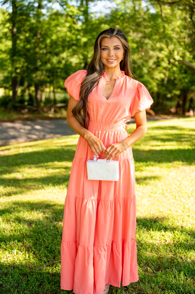 Puff Sleeve Tiered Maxi Dress-Coral | Inside Out Boutique Puff Sleeve Tiered Maxi Dress-Coral | Inside Out Boutique
