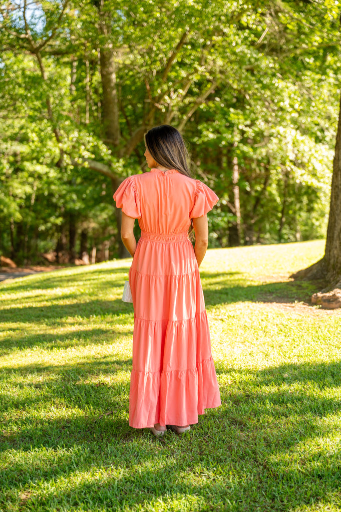Puff Sleeve Tiered Maxi Dress-Coral | Inside Out Boutique Puff Sleeve Tiered Maxi Dress-Coral | Inside Out Boutique