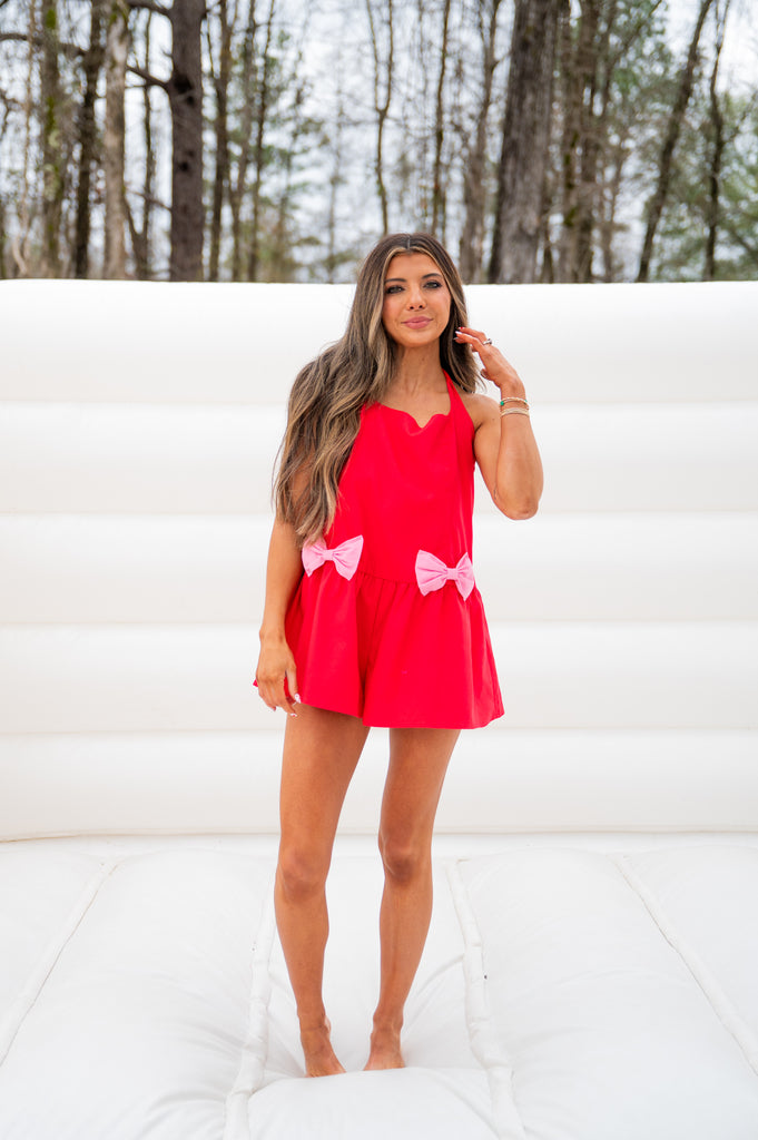 red romper dress Red Strapless Romper Dress