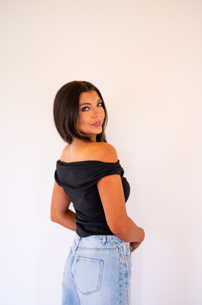 Ruched Off Shoulder Top-Black