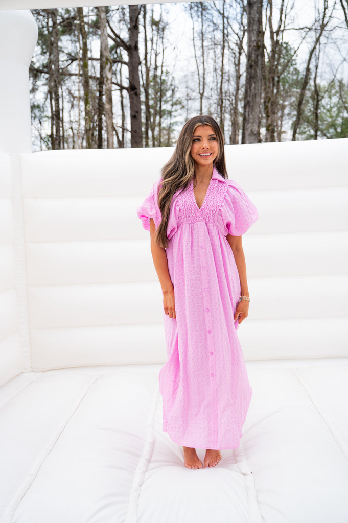 Missy Puff Sleeve Slit Maxi Dress-Pink