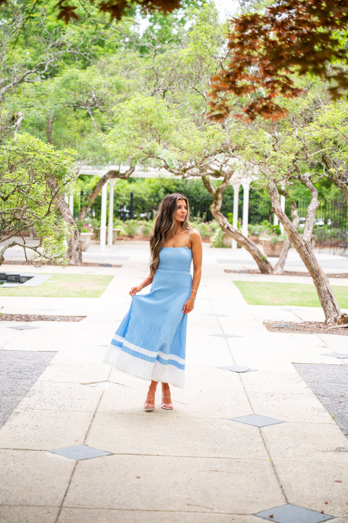 Audrey Pleated Knit Maxi Dress-Blue