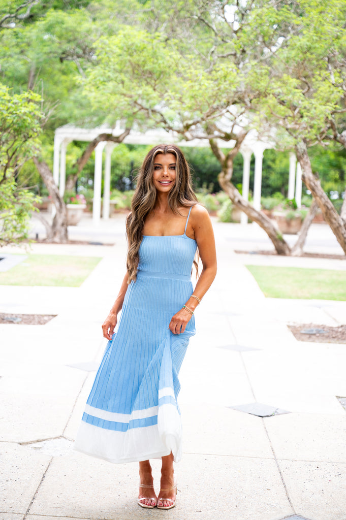 Audrey Pleated Knit Maxi Dress-Blue