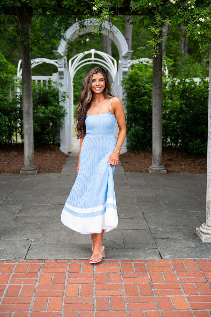 Audrey Pleated Knit Maxi Dress-Blue