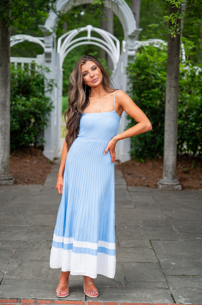 Audrey Pleated Knit Maxi Dress-Blue