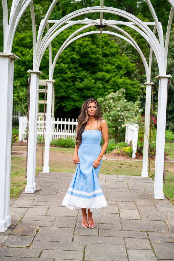 Audrey Pleated Knit Maxi Dress-Blue