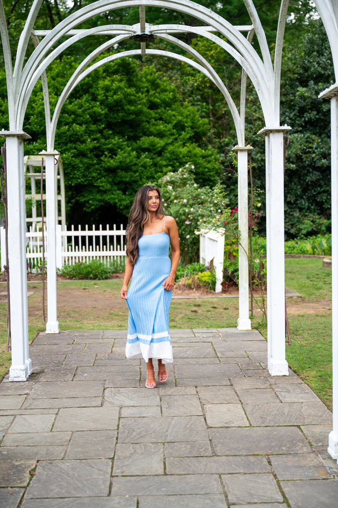 Audrey Pleated Knit Maxi Dress-Blue