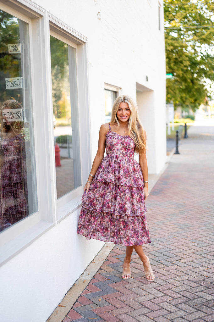 Callie Tiered Midi Dress-Beige/Pink