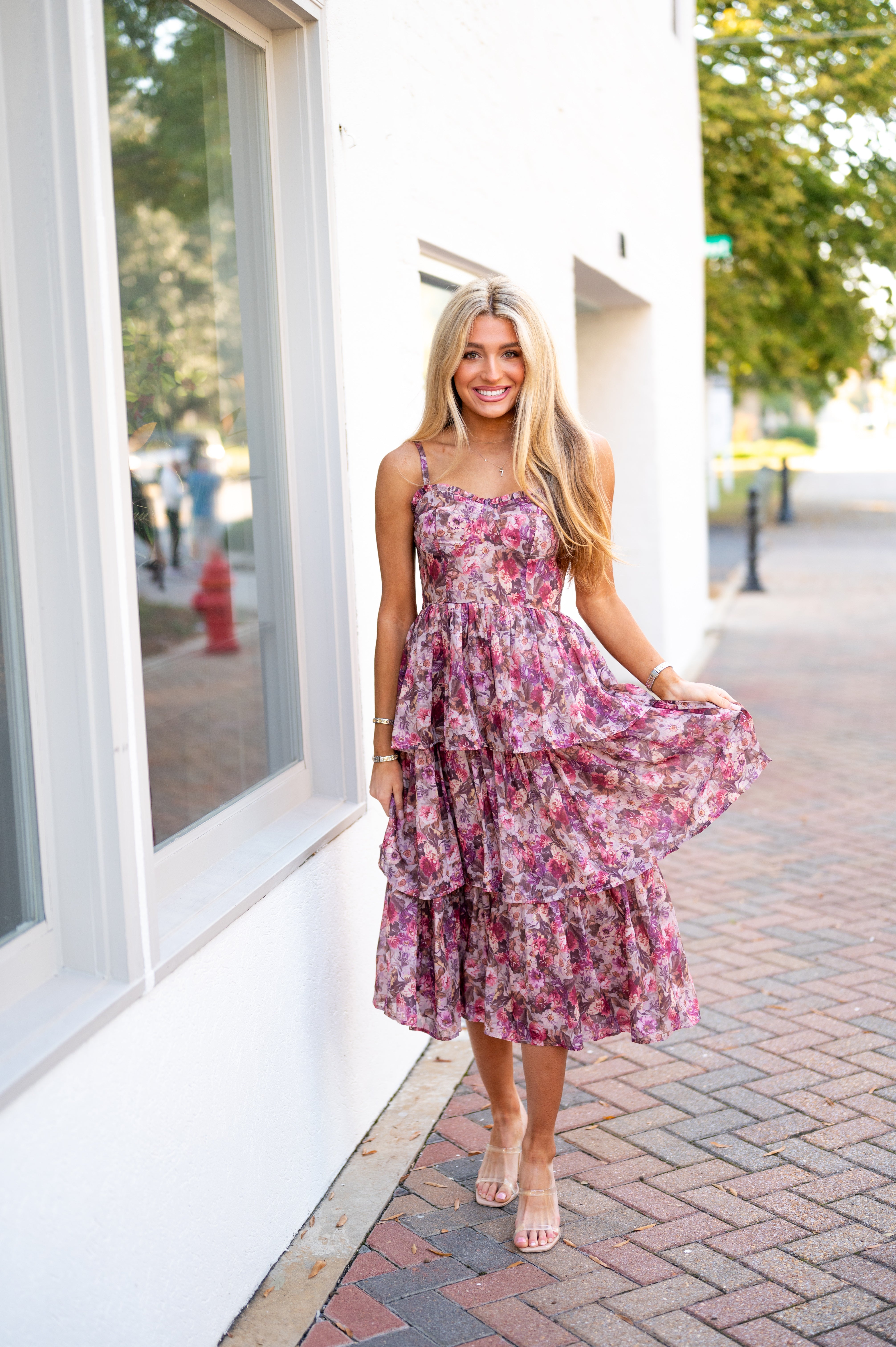 callie midi dress Callie Tiered Midi Dress-Beige/Pink