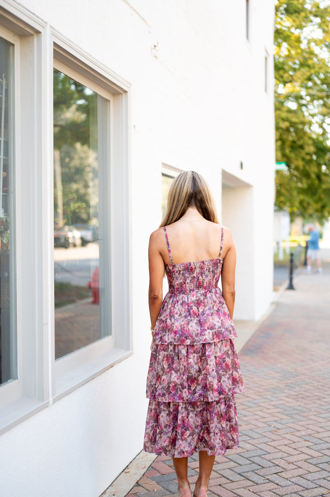 Callie Tiered Midi Dress-Beige/Pink