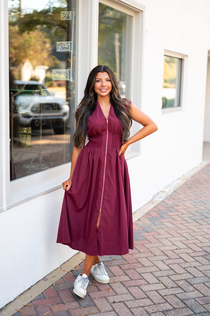 Everly Zipper Midi Dress-Maroon | Inside Out Boutique Everly Zipper Midi Dress-Maroon | Inside Out Boutique