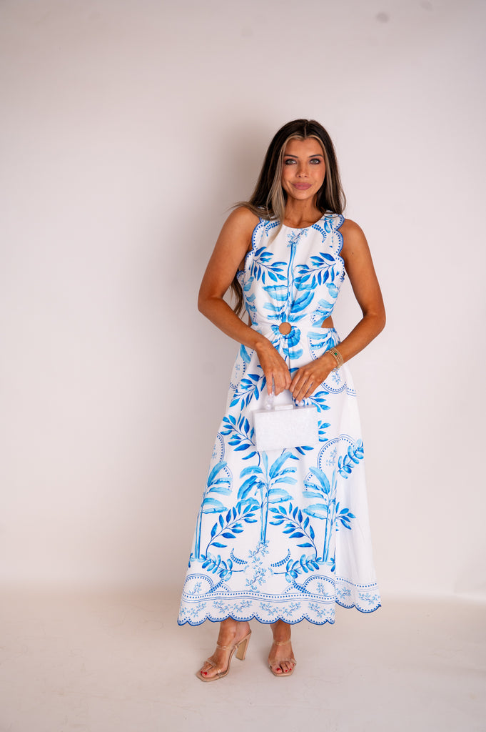 Marina Cut Out Midi Dress-Blue/White