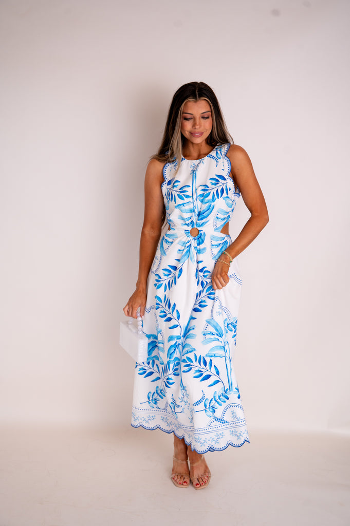 Marina Cut Out Midi Dress-Blue/White